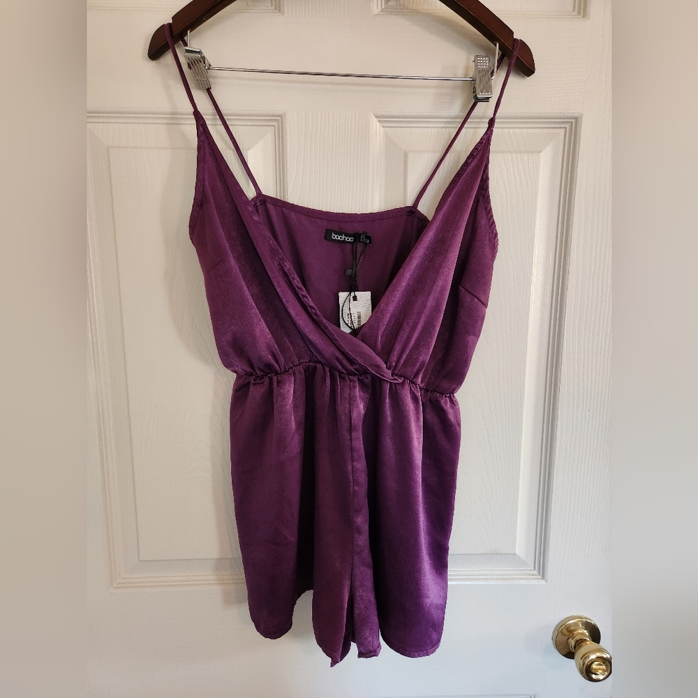 BOOHOO HAMMERED SATIN WRAP ROMPER
